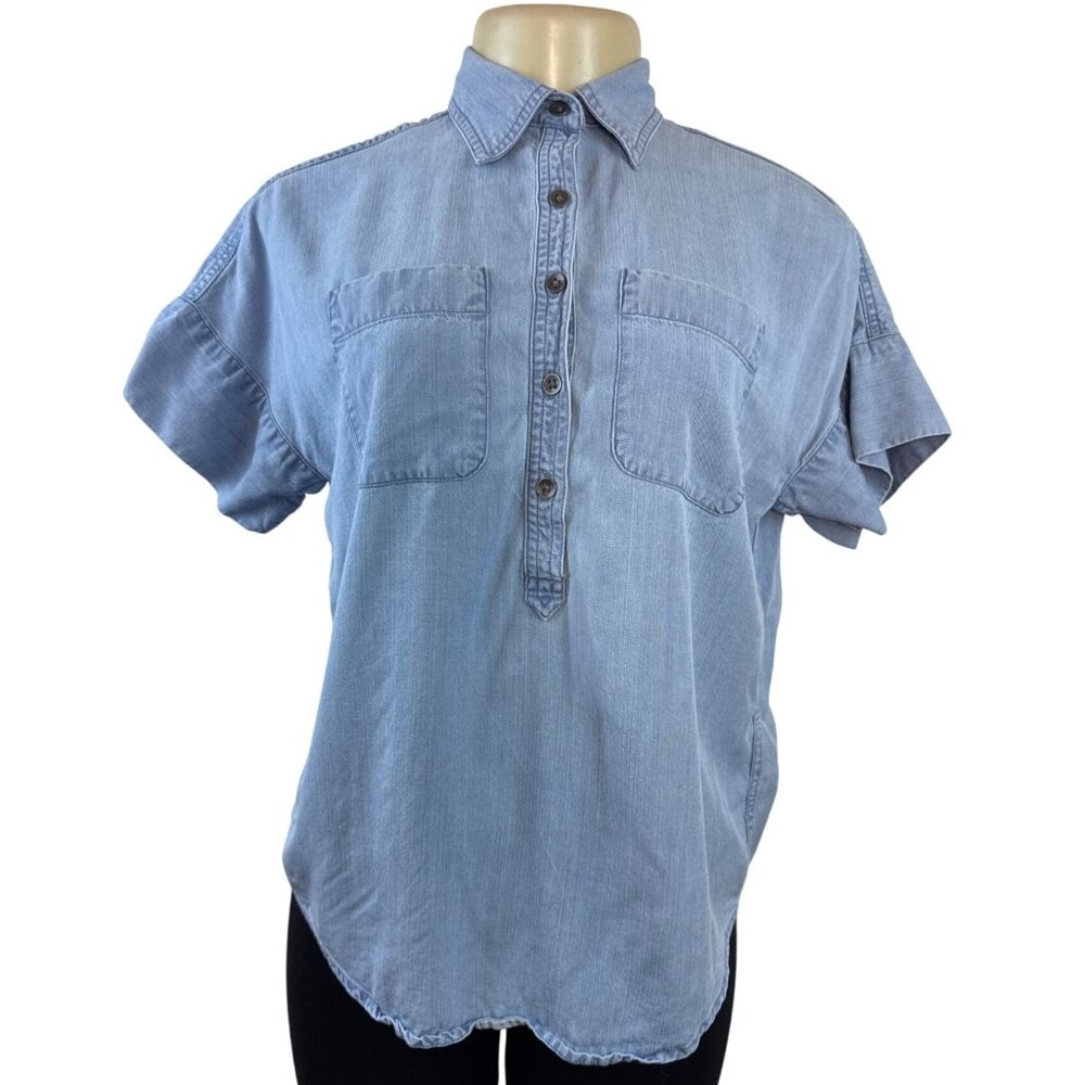 Chaps Petite Light Blue Button-Down Short Sleeve … - image 1